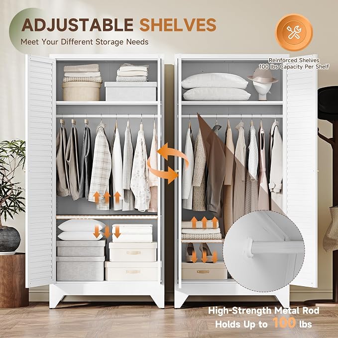 Letaya Armoire Wardrobe Closet,20" Deep Metal Wardrobe Cabinet with Doors and Shelves,Hanging Rod Clothing Storage Cabinets for Home Room (White)