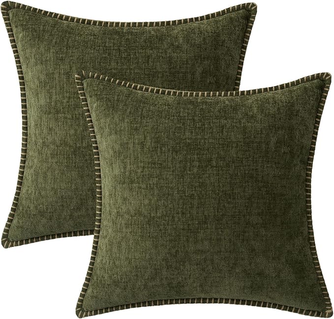 MIULEE Pack of 2 Couch Throw Pillow Covers 20x20 Inch Olive Green Farmhouse Decorative Pillow Covers with Stitched Edge Soft Chenille Solid Dyed Pillow Covers for Sofa Bed Living Room