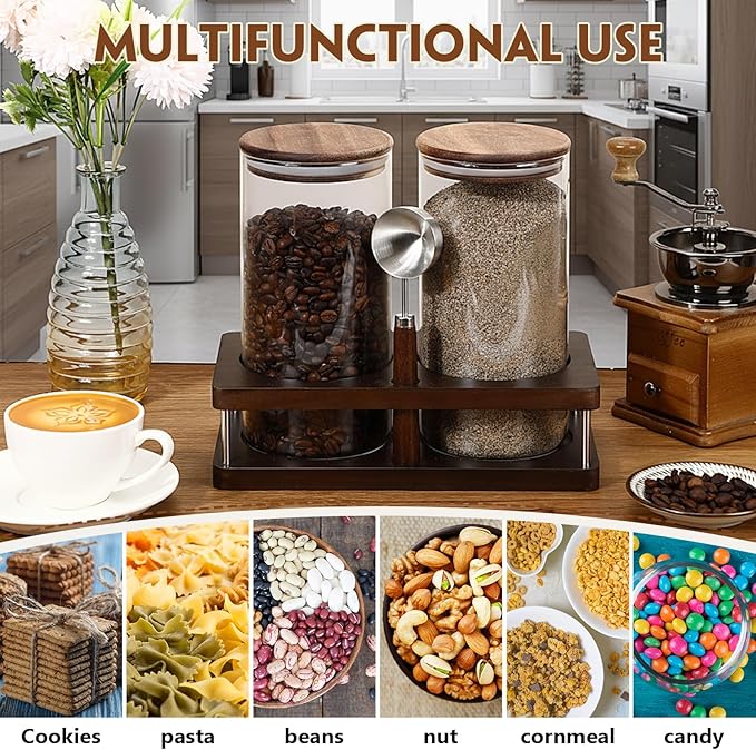 Suclain Glass Coffee Grounds Container with Shelf 2 x 44 oz Glass Coffee Bean Storage Canisters with Airtight Thread Lid and Measuring Spoon Food Storage Jars for Kitchen Sugar(Clear Style)