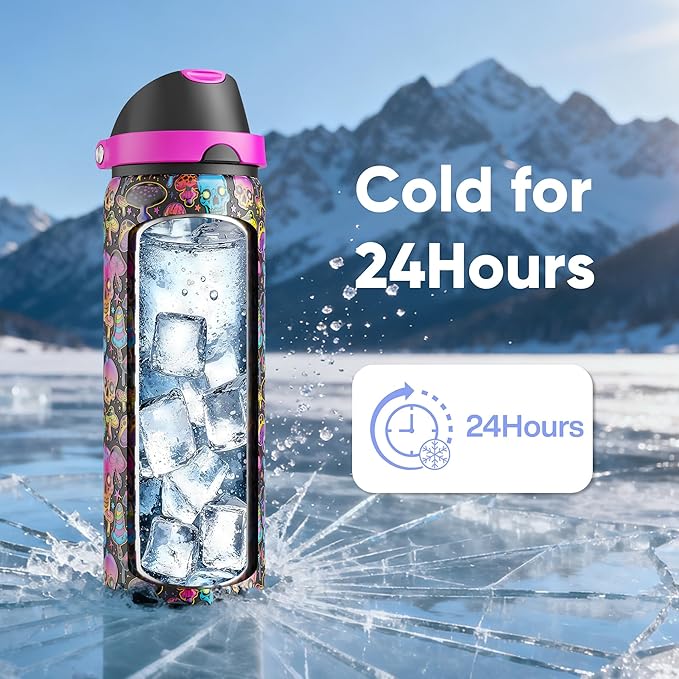 Insulated Water Bottle with Straw - Encool Stainless Steel Water Bottle with Push Button Lid, Leak-Proof & BPA-Free, Keeps Cold for 24 Hours for Sports, Travel, Gym (32 oz, Trippy Skulls)