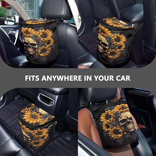 MNSRUU Car Trash Can with Lid, Skull and Sunflower Car Trash Bag Hanging Organizers and Storage for Front Back Seat, Leak-Proof Trash Bin