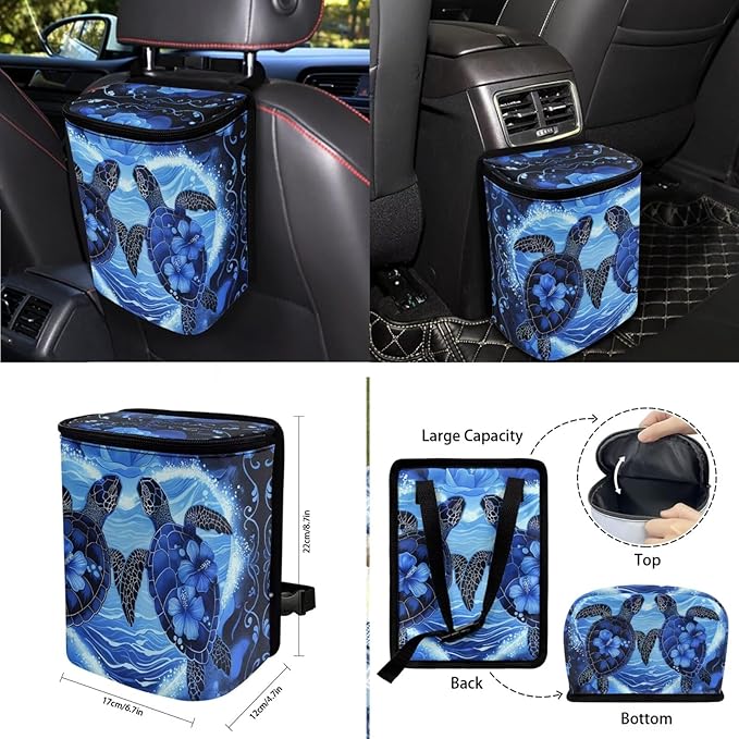 10 Pcs Car Seat Covers Full Set Interior Sets, Sea Turtle Flower Printed High Back Car Front Rear Seat Cover with Steering Wheel Cover Keychain Coaster Trash Can Air Vent Storage Bag