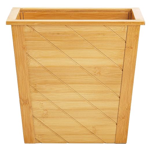 Frcctre Bamboo Waste Basket, Rectangular Compact Waste Trash Can Garbage Bin Built-in Handles Brown Container Bin for Bedroom, Office, Living Room, Kitchen, Bathroom