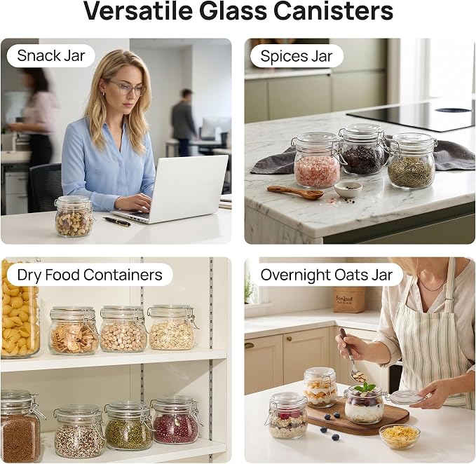 Vtopmart 3 Pack 16oz Short Glass Jars with Airtight Lids for Shallow Drawers, Pint Size Food Storage Canisters, Wide Mouth Canning Jars for Spices, Jams, Coffee Beans, Pickles & Pantry Organization