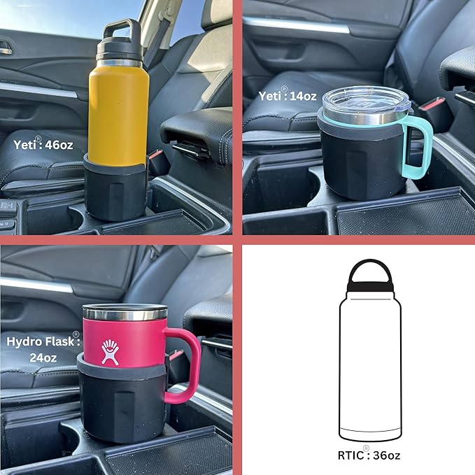 Extra Wide Car Cup Holder Expander - Made for Yeti 14oz & 46oz Rambler, Hydro Flask 24oz Mug, RTIC 36oz Bottles - Adapter Insert Extender Expandable and Adjustable