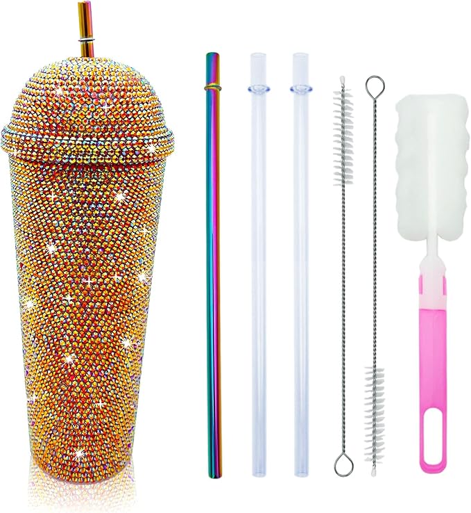 24oz Bling Cup Handmade Rhinestones Studded Tumbler Double Wall Insulated Plastic Reusable Water Bottle with Lid and Straws for Home Office Party Beach (Bright Red)