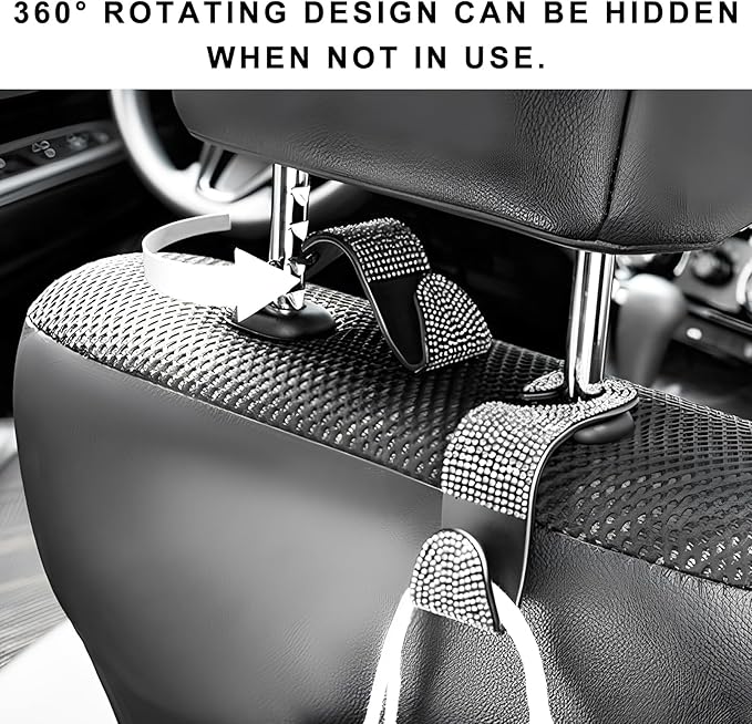 4 PCS Car Seat Headrest Hooks, Bling Crystal Rhinestone Back Seat Hanger Storage Organizer, Sparkly Seatback Holder Hooks for Purse and Bags Universal For Most Vehicles (Silver)