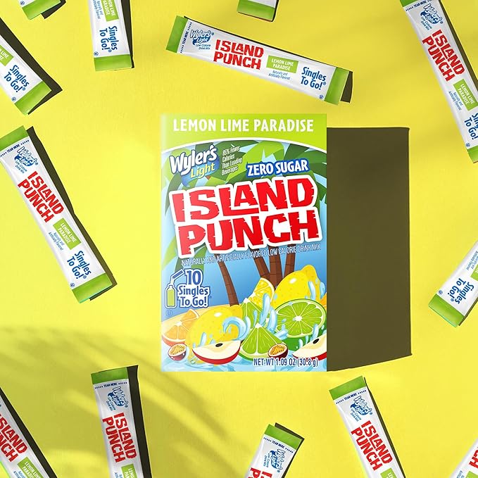 Wyler’s Light Island Punch Singles To Go, Lemon Lime Paradise, 10-Count per Box (12 Pack) – Low Calorie Powdered Drink Mixes, Caffeine Free, Gluten Free, and Zero Sugar, 120 Total Powder Packets