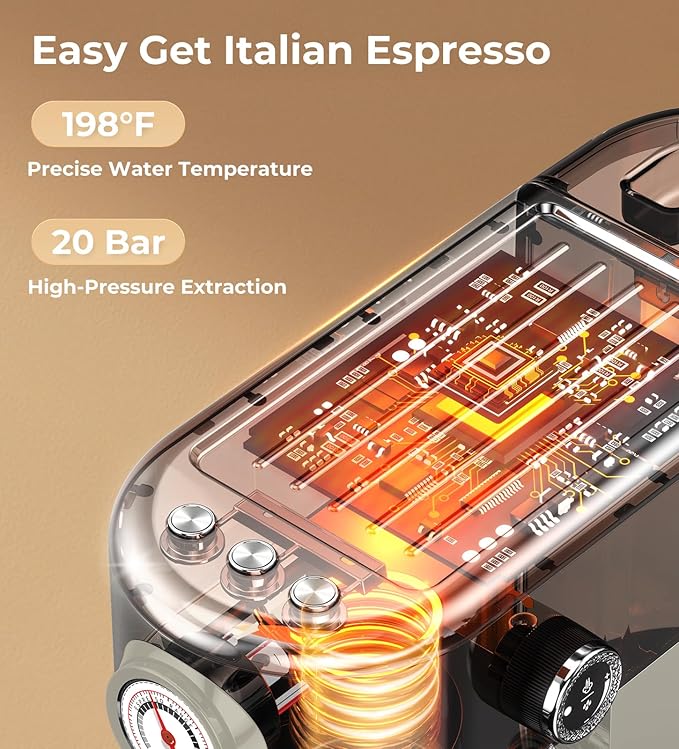 20 Bar Espresso Machine with Milk Frother, Compact Espresso Maker, Stainless Steel Coffee Machine with Precise Temp Control & 44oz Removable Water Tank for Latte, Cappuccino, Light Grey