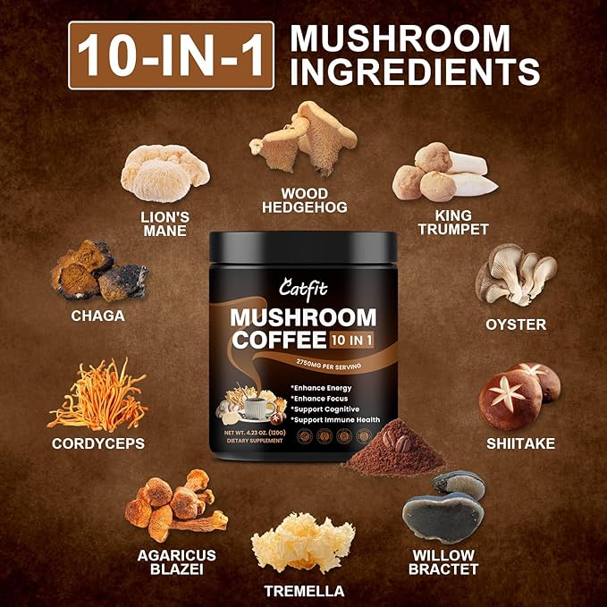 Catfit Instant Mushroom Coffee Powder, 10-in-1 Adaptogen Blend with Lion's Mane, Chaga & Cordyceps for Energy, Focus, Gut Health & Immune Support - 240g, 75 Servings