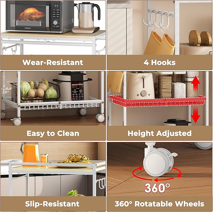 Microwave Kitchen Cart with 2 Lockable Wheels, White Kitchen Storage Cart with Push Handle, 3 Tier Rolling Cart with 210Lbs Capacity for Kitchen Island, Restaurant, Coffee Bar, Living Room, Office