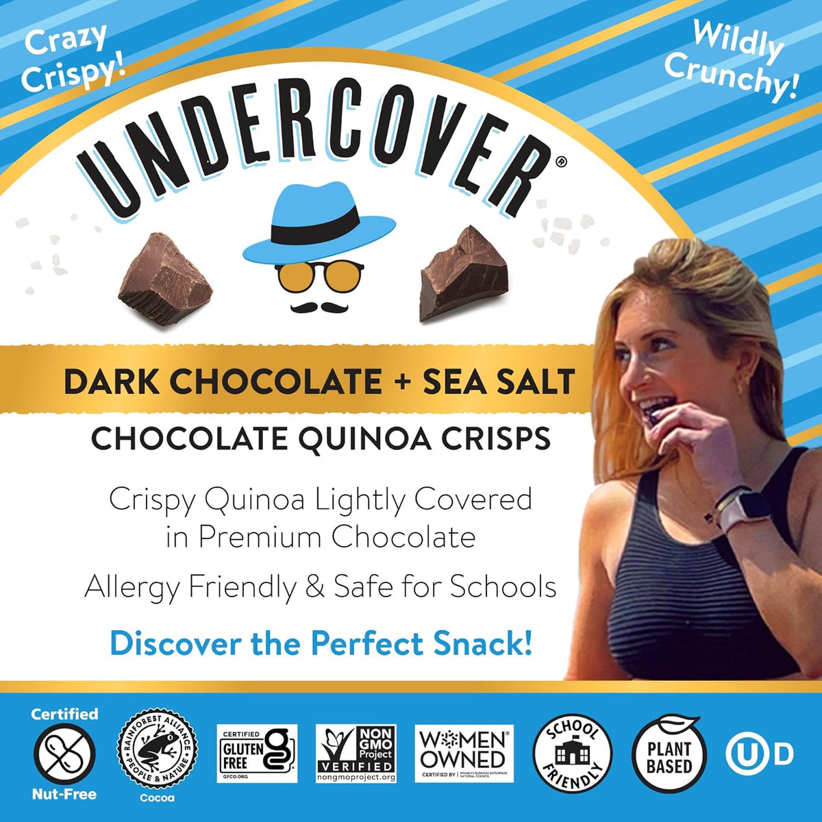 Undercover Snacks Chocolate Quinoa Crisps - Dark Chocolate + Sea Salt Quinoa Crisps | 7-Pack, 3oz Bags of Mini Crisps | Gluten Free, Nut-Free, Allergen Friendly, Kosher, Plant-Based