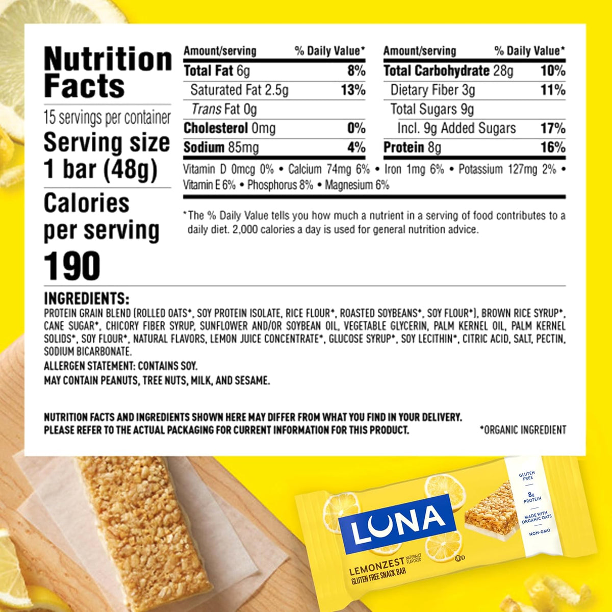 Luna Bar LemonZest Flavor Gluten Free Snack Bars Non GMO 12 Pack Protein Bars Value Pack