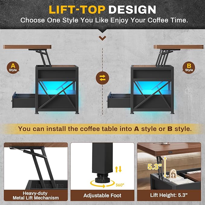 Itaar 40" Lift Top Coffee Table, 4 in 1 White Coffee Tables with Storage for Living Room, Small Coffee Table with 2 Drawers & LED Light for Dining Room, Black+Brown