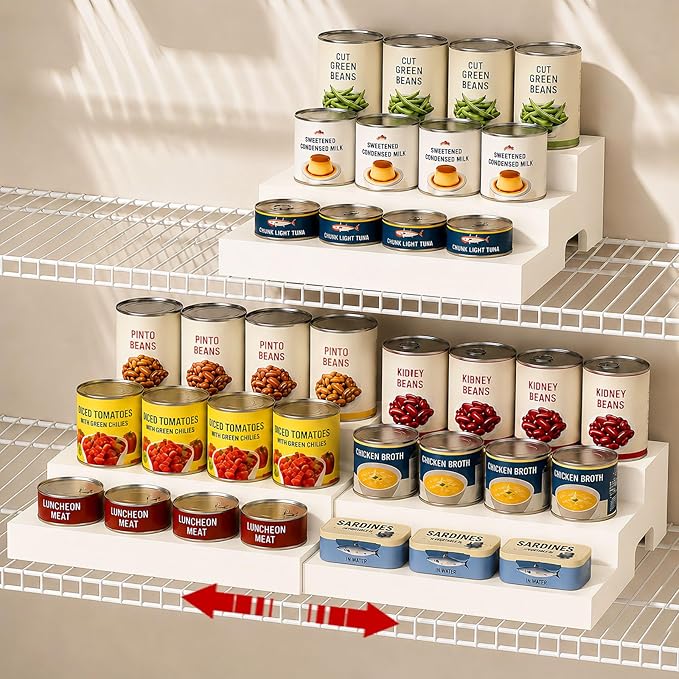 Expandable Wooden Can Organizer for Pantry, Adjustable 3-Tiered Shelf Holds 24 Cans, Rack for Cabinet & Countertop, Space Saving Holder for Small Kitchens & Apartments, White
