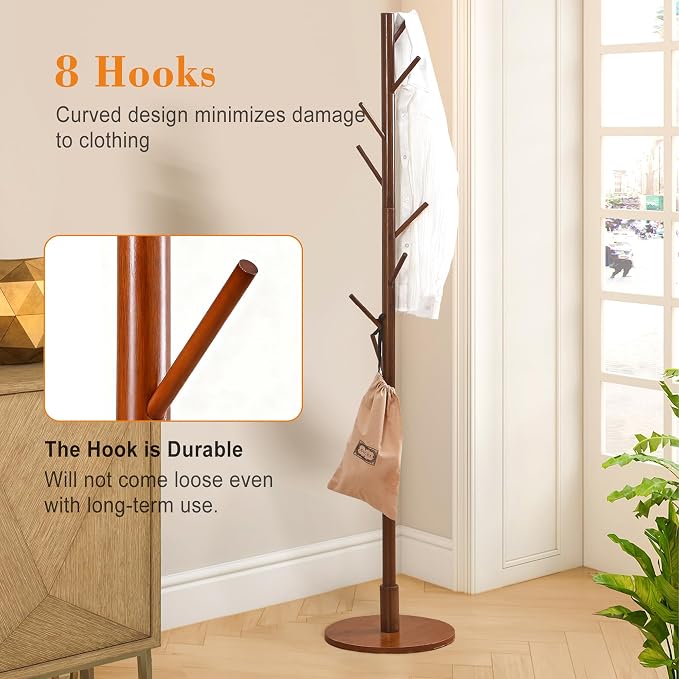 VECELO Coat Rack Freestanding, Entryway Hanger Stand, Umbrella Holder, Hall Tree With Hooks, Floor Standing Tree Stand,Walnut