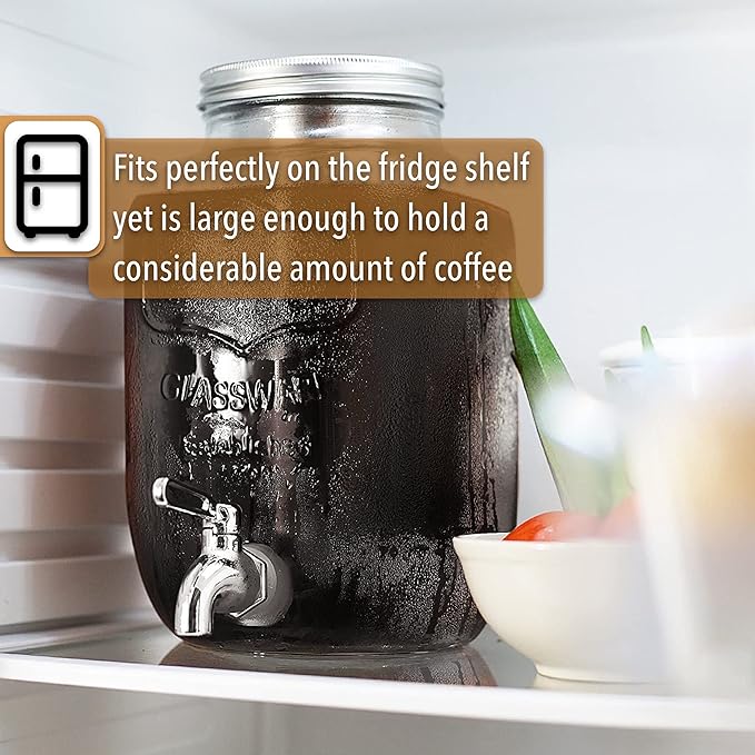 BTaT- 1 Gallon Cold Brew Coffee Maker, Thick Glass Pitcher with Stainless Steel Filter, Lid & Spigot, Iced Coffee & Sun Tea Brewer, Large Mason Jar Cold Brew Container, Fast Iced Tea Maker for Fridge
