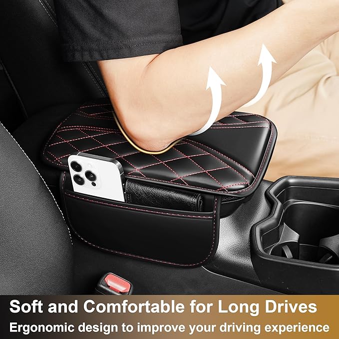 Center Console Cover Fit for Clarity: Scratch and Wear Resistant Console Cover Leather with 2 Storage Bags -Upgraded Armrest Coverfor Car,Anti-Scratch Auto Armrest Pad Accessory （Black&Red