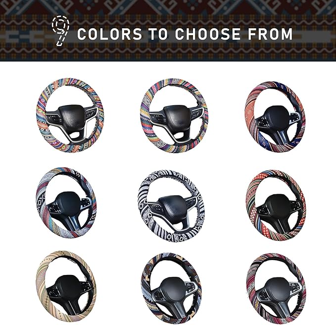 Boho Steering Wheel Cover, 15.0"×15.0" Anti-Slip Baja Blanket Ethnic Steering Wheel Protector, Breathable Flax Cloth Elastic Bohemian Steering Wheel Cover, Car Accessories (Style B)