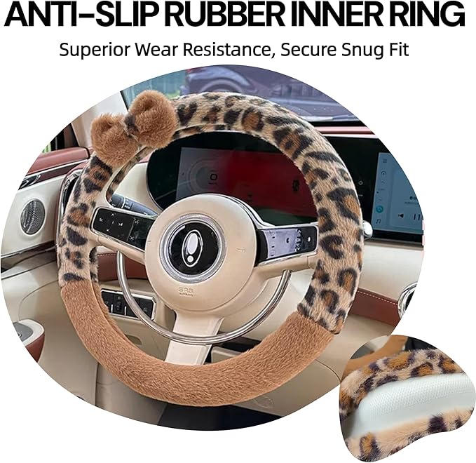 Car Steering Wheel Cover with Leopard Print & Cute Bowknot Soft Anti-Slip Y2K Retro Luxury Fluffy Fur Car Interior Accessory (Cheetah)