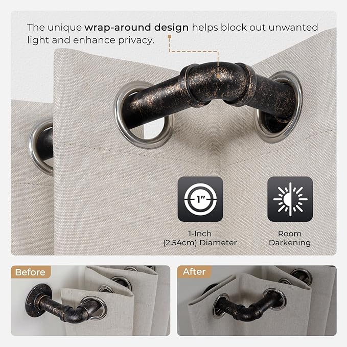 Zeerobee Curtain Rods for Windows 66 to 120, 1 Inch Industrial Wrap Around Vintage Bronze Curtain Rod, Indoor/Outdoor Room Divider Adjustable Drapery Pole, 66"-120"