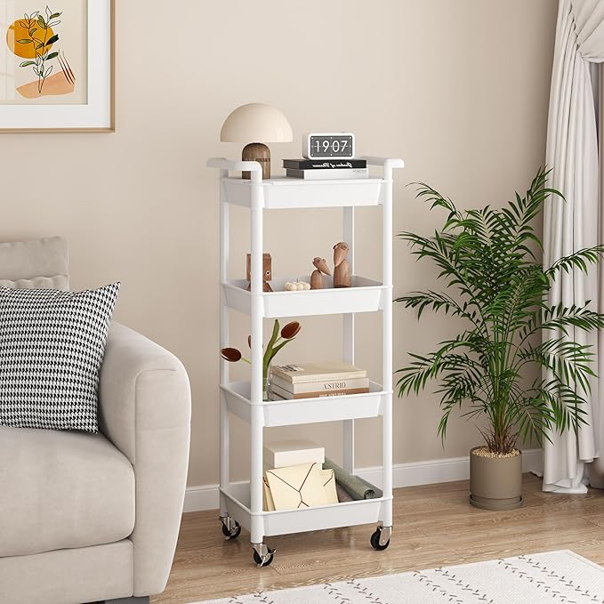 MIOCASA Utility Rolling Cart with Detachable Tray Top, 4-Tier Kitchen Storage Organization, Art Cart with Wheels for Office, Classroom, Livingroom, Kitchen, Bathroom (White, 4-Tier-Plastic)