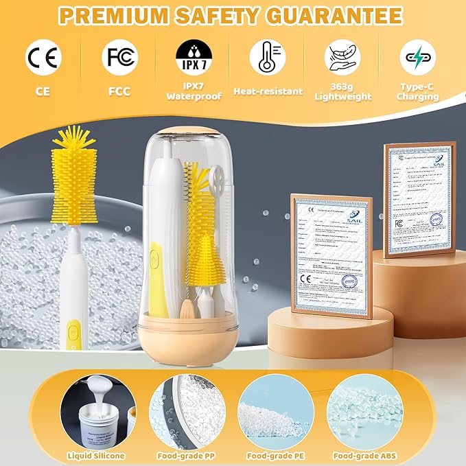 IvyWind Electric Travel Baby Bottle Brush Set with Storage Box, Automatic Bottle Cleaner Brush Kit with Silicone Bottle/Nipple/Straw Brush,Milk Frother Electric and Drainage Rack, Rechargeable, Yellow