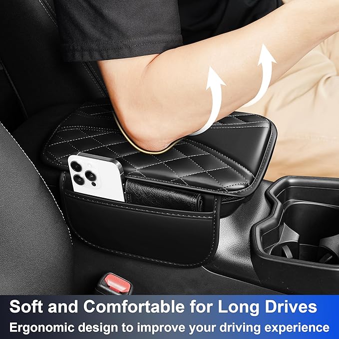 Car Center Console Cover Fit for Subaru Forester Leather Car Armrest Cover Cushion with 2 Pockets(Black)