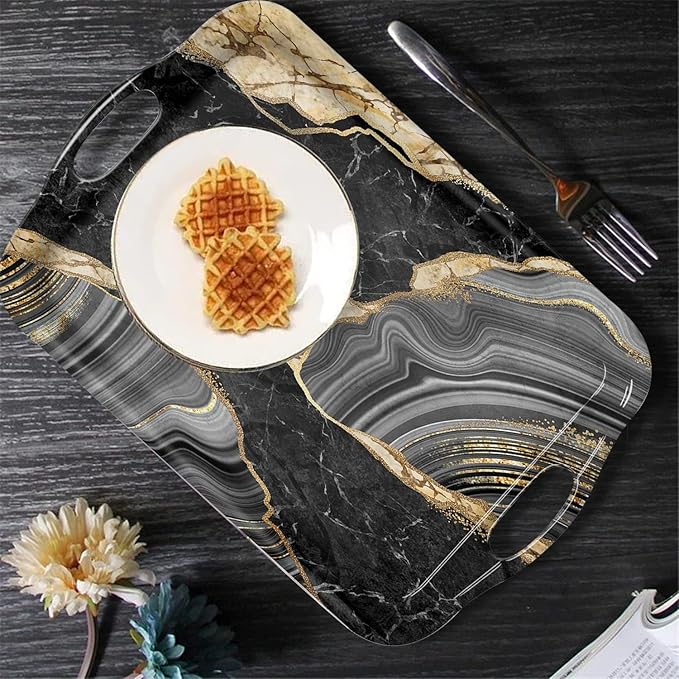 Serving Tray Decorative Tray with Handles Multi-Purpose Rectangular Serving Trays for Restaurant, Parties, Coffee Table, Kitchen - Black and Gold Marble Pattern