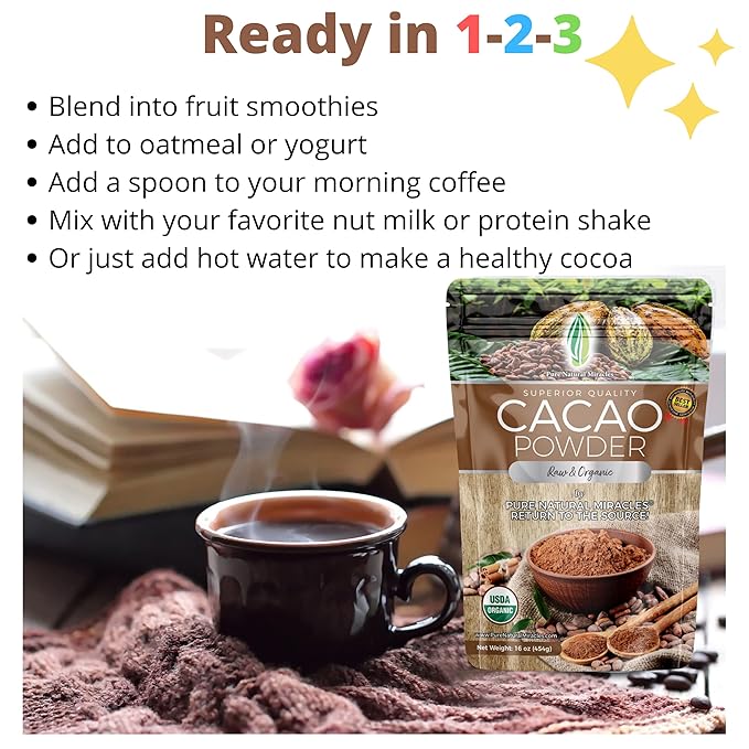 Pure Natural Miracles Cacao Powder - Organic, Raw, Unsweetened, Sugar Free Cocoa - Wild Chocolate Flavor - Perfect for Smoothies and Baking - 2 lb