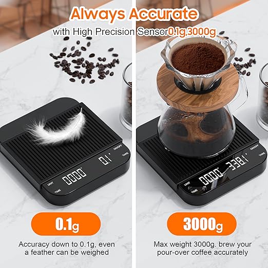 0.1g/3KG Coffee Scale with Timer, Espresso Scale, Rechargeable, Glass Mirror Design, for Pour-Over Barista,for Pour-Over, Espresso, French Press, Kitchen Use