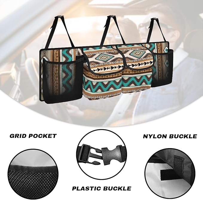 CLOHOMIN Aztec Southwest Gemoetric Car Trunk Organizer Back Seat Hanging Large Storage with 4 Pockets Collapsible Cargo Storage Bag for SUV, Truck, Auto