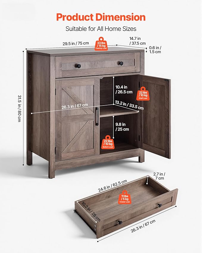 VEVOR Buffet Cabinet, Farmhouse Sideboard Cabinet with Drawer, Coffee Bar Cabinet with 2 Barn Door, Sideboard Buffet Station for Living Room, Entryway, Kitchen, 29.5 x 14.7 x 31.5 in, Grey