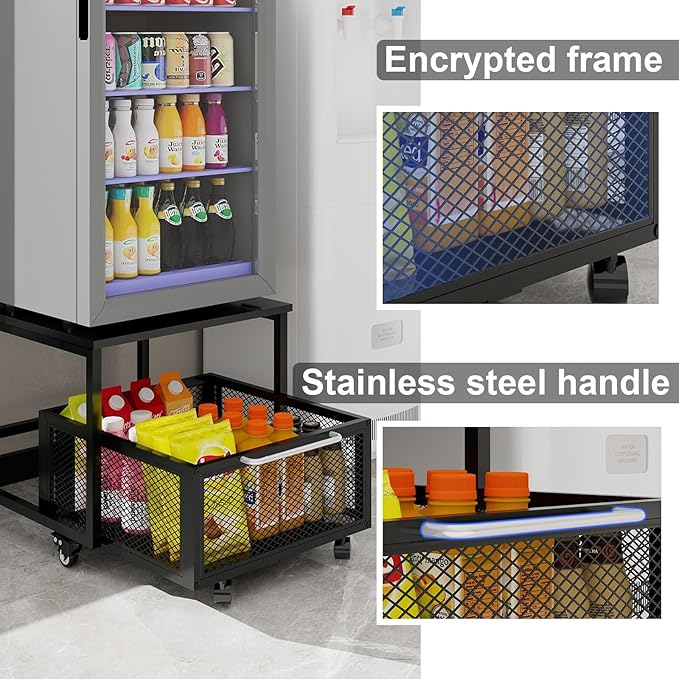 PUNCIA 19.7x19.7in Fridge Stand with Storage Mobile Beverage Refrigerator Stand for Coffee Bar Dorm Fridge Cart for Compact Refrigerator Mini Fridge Organizer with Drawer Basket for Home Office