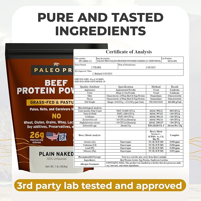 PaleoPro Protein Powder Grass-Fed, Pastured, Cage-Free Protein | Gluten & Dairy Free. No Sugar, Soy, Grains or Net Carbs | Paleo & Keto Friendly - 15 Servings (16 oz, Plain)
