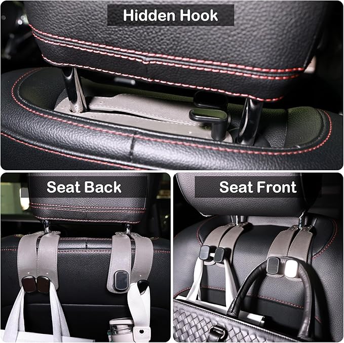 ENOCHT Double Car Seat Hooks for Headrest Purse Hook for Car TPE Back Seat Headrest Hooks for Mobile Phone Holder Handbags Bags Car Backseat Organizer Accessories(Gray- 2 Pack)