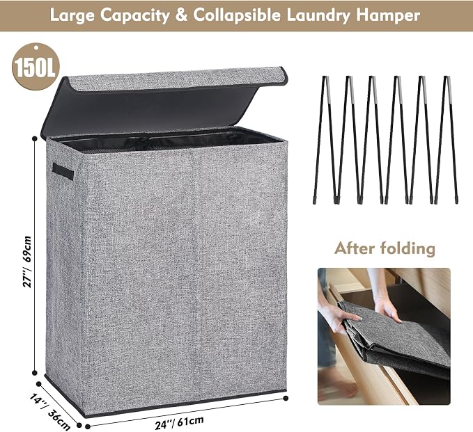 DOKEHOM 150L Extra Large Laundry Hamper with Lid, 2-Section Double Laundry Basket with Removable Mesh Liner Bags, Collapsible Clothes Sorter for Family, Bedroom, Laundry Room, Grey