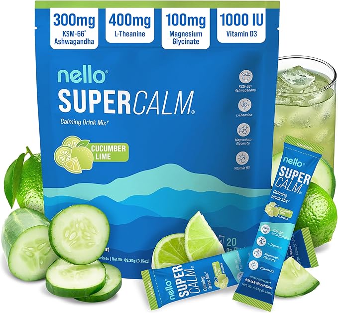 Nello Supercalm Powdered Drink Mix, Cortisol Reducer and Sleep Aid Supplement, L Theanine, Ksm-66 Ashwagandha, Magnesium Glycinate, Vitamin D 3, No Sugar, Non GMO, On The Go, 20 Ct, Cucumber Lime