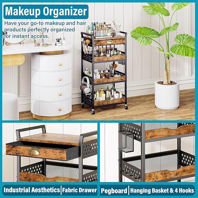 Rolling Cart Organizer with Removable Drawer, 4-Tier Art and Craft Storage Cart, Nail Makeup Organizer, Metal Utility Cart with Wheels for Kitchen Bathroom Essentials, Coffee Supplies, Snack