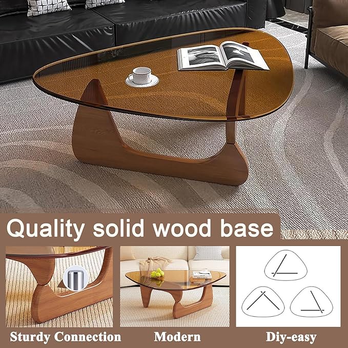 Mid Century Modern Glass Coffee Table, Coffee Table for Living Room, Noguchi Coffee Tables,Suitable for Bedroom Living Room Reception Office Tables (Walnut/Brown, ML)