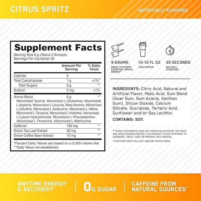 Optimum Nutrition Amino Energy - Pre Workout with Green Tea, BCAA, Amino Acids, Keto Friendly, Green Coffee Extract, Energy Powder - Citrus Spritz, 9.5 Ounce, 30 Servings (Packaging May Vary)