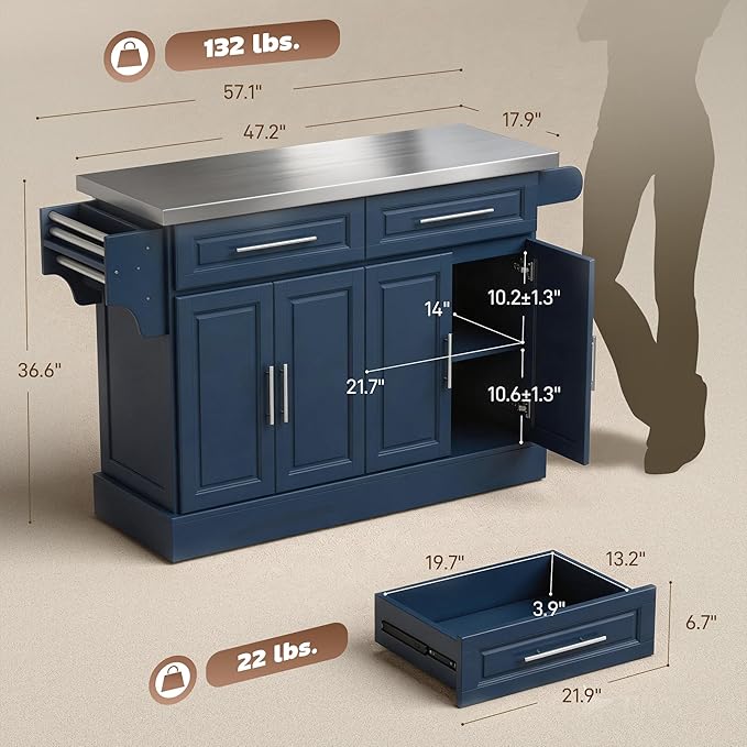 HOMCOM Rolling Kitchen Island Cart with 47" Stainless Steel Top, Portable Island Table for Kitchen with Wheels, Adjustable Shelves, 2 Drawers, Spice, Knife and Towel Rack, Navy Blue