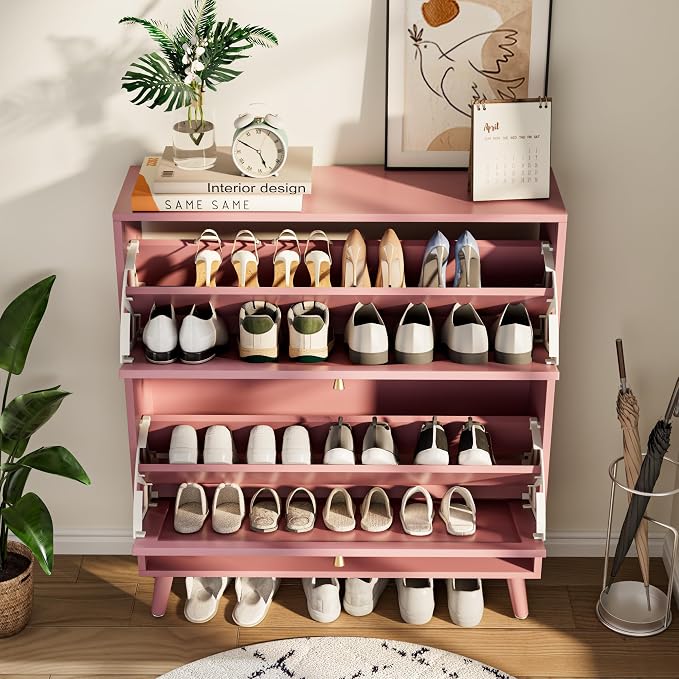 Fsbecl Shoe Storage Cabinet for Entryway with 2 Flip Drawers, Narrow Wood Shoe Cabinet with Fluted Panel, Freestanding Hidden Shoe Organizer for Foyer, Hallway (Pink - with Shelf)