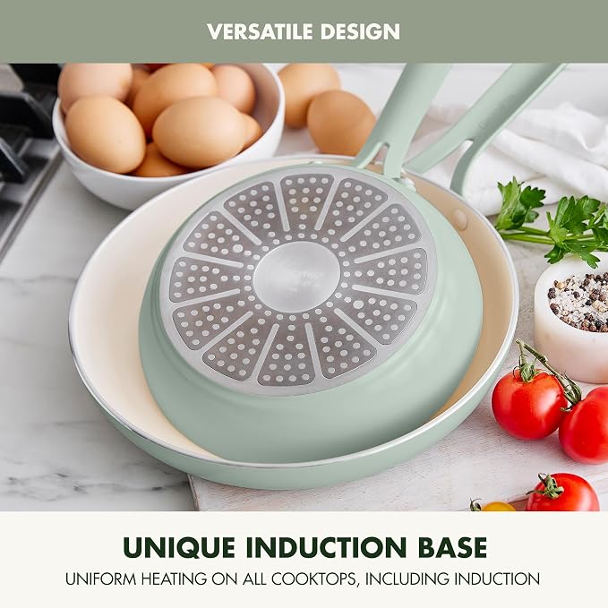 GreenPan Nova 10-Piece Nonstick Cookware Set, PFAS-Free Ceramic Pots & Pans with Silicone Cooking Utensils, Durable Fast Heating, Induction Ready, Oven Safe to 600°F, Dishwasher Safe, Pistachio Green