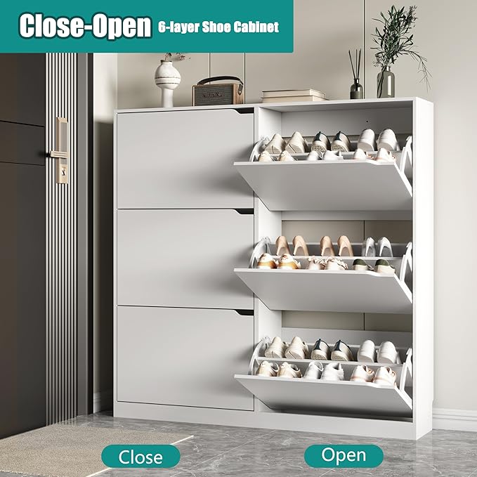 Xixini Shoe Storage Cabinet for Entryway with 6 Flip Drawers, Sturdy Wood Hidden Shoe Storage, Freestanding Narrow Slim Shoe Organizer for Front Door Entrance, Living Room, Hallway, Bedroom, White