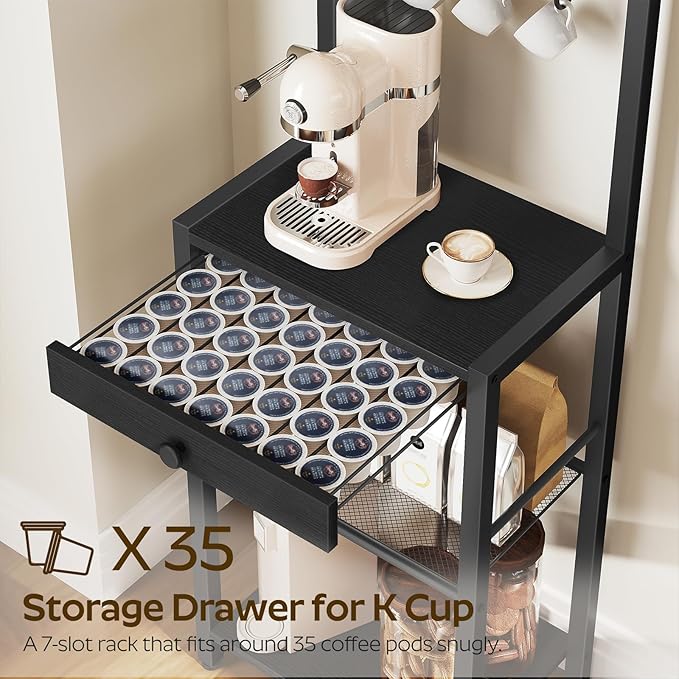 Bakers Rack, 5-Tier Coffee Bar Station, Coffee Stand with Pod Drawer Holder, Versatile Kitchen Storage Rack with 4 Hooks, for Living Room, Cafe Corner, Black KF01BB