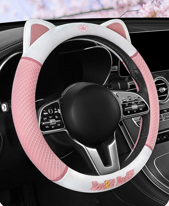 Women's Cartoon Steering Wheel Cover Comfortable, Breathable, Non-Slip All-Season Car Accessory Universal 15-inch Fit Suitable for Sedans, Pickup Trucks, and SUVs