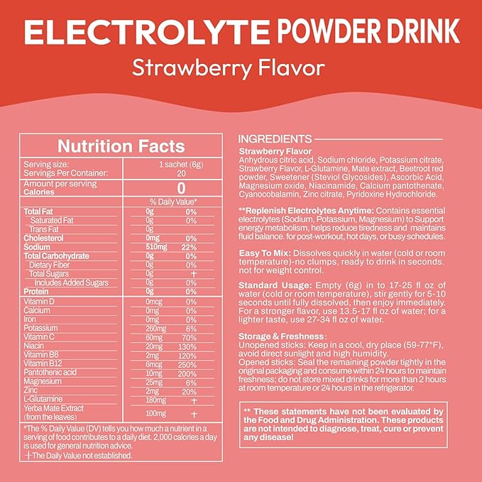 Electrolyte Powder Packets, Hydration Packets 20 Stick, Sugar Free Electrolytes for Rapid Recovery, Electrolyte Powder Drink Mix with Yerba Mate - Gluten Free, Keto Friendly, Vegan