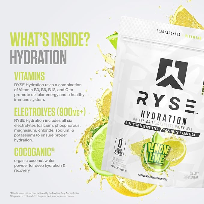 RYSE Hydration Electrolyte Powder Drink Mix Packets - Lemon Lime - Sugar-Free Full Spectrum Electrolytes with Essential Vitamins, Taurine and Choline for Rehydration - 16 Serving Sticks