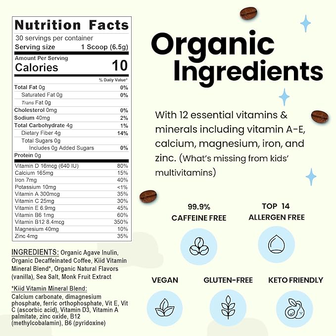 Kiid Coffee - 99.9% Caffeine-Free Organic Coffee for Kids - As Seen on Shark Tank - 12 Vitamins & Minerals, 4g Prebiotics, 0g Sugar - Non-GMO & Gluten-Free - Healthy Snack - Original - 30 Servings